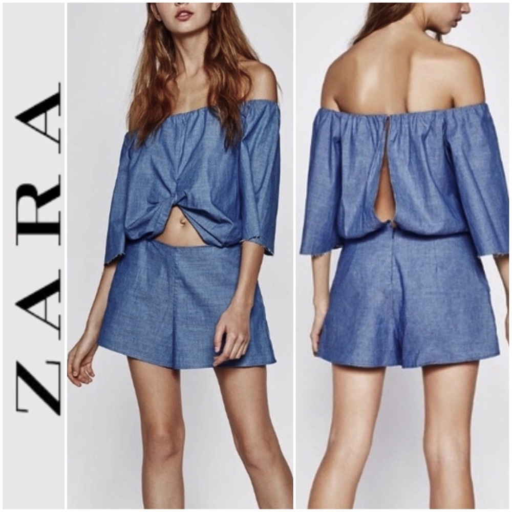 Zara Denim Chambray Twist Open Front Short Romper